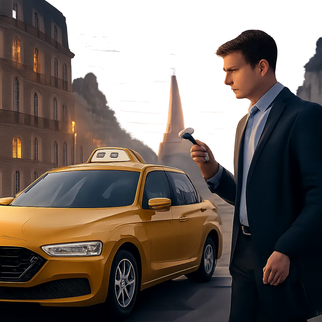 Illustration moderne d’un taxi parisien prêt à prendre en charge un voyageur. L’image évoque la réservation en ligne, la fiabilité et les trajets vers les gares ou les aéroports.