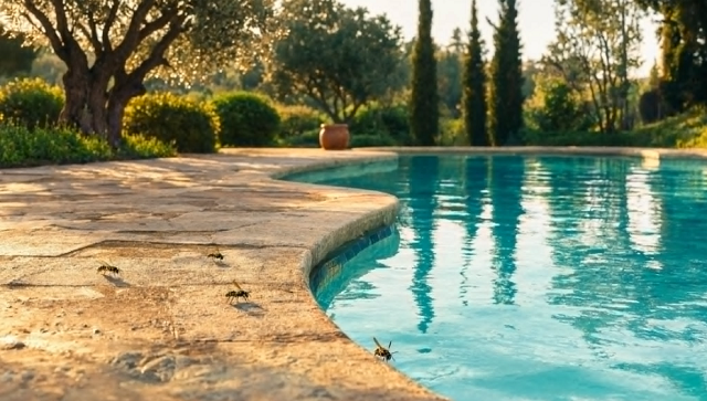 Guêpes au bord d’une piscine en été 2026, posées sur la margelle humide près de l’eau