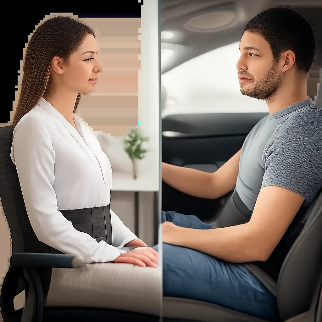 Illustration d’une ceinture lombaire utilisée dans des situations du quotidien comme le bureau ou la voiture. L’image met en avant le maintien ciblé et le confort d’usage.