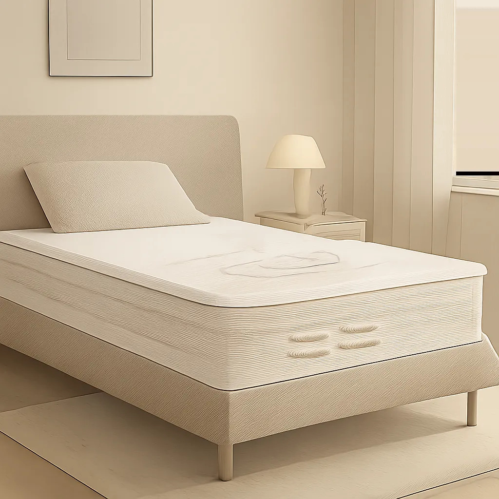 Illustration d’un matelas 1 place dans un intérieur calme et premium, évoquant le confort individuel et la récupération nocturne. L’image suggère le soutien, la respirabilité et le choix d’un couchage adapté.