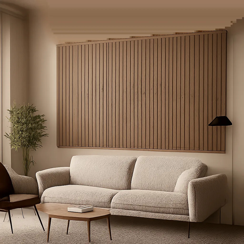 Un panneau acoustique en bois intégré dans un intérieur contemporain, mettant en valeur l’équilibre entre chaleur visuelle et confort sonore. L’image doit évoquer une solution premium, discrète et décorative.