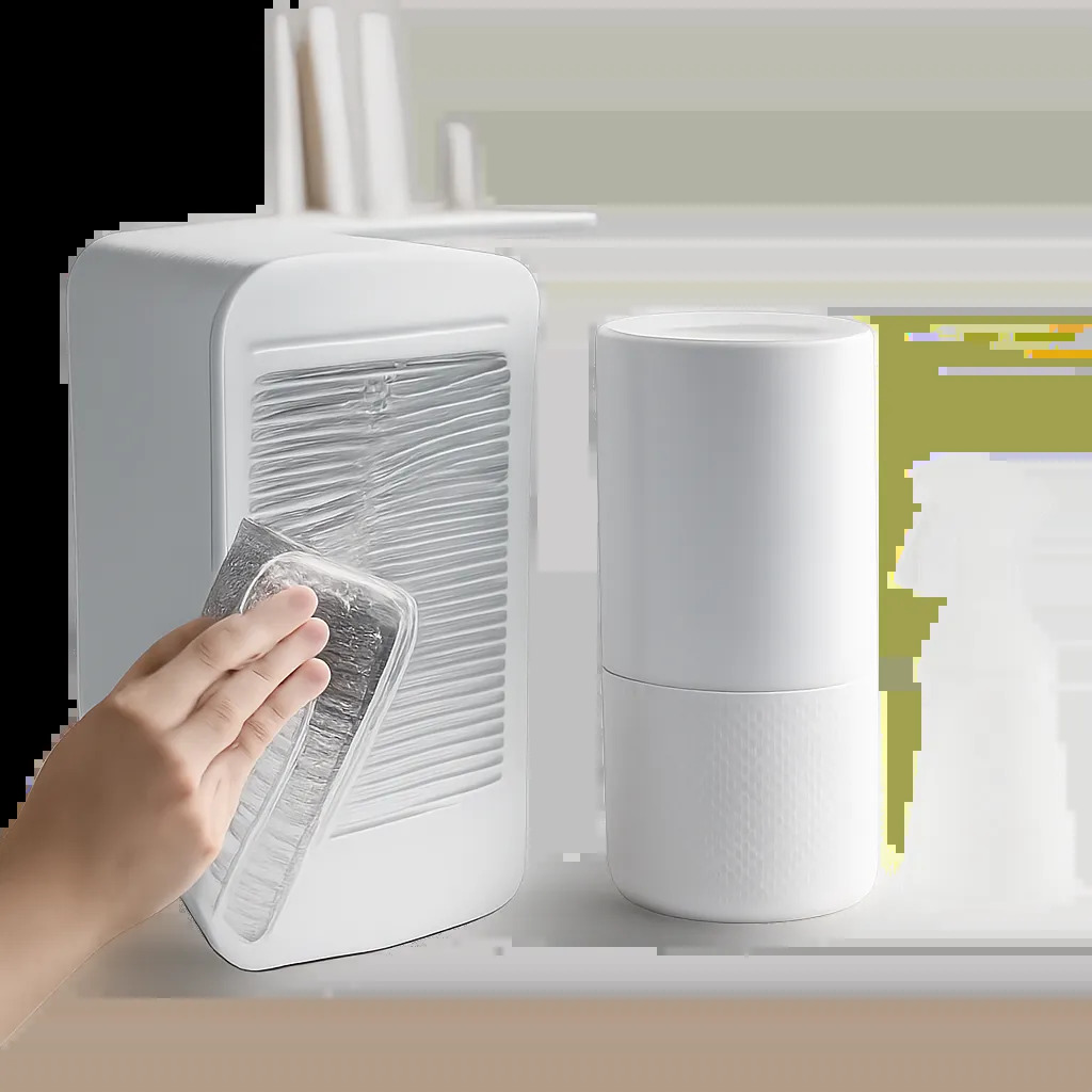 Une scène premium montrant l’entretien délicat de coques plastiques d’appareils d’air intérieur. L’image évoque un nettoyage précis, non abrasif et adapté à un usage quotidien à la maison ou au bureau.