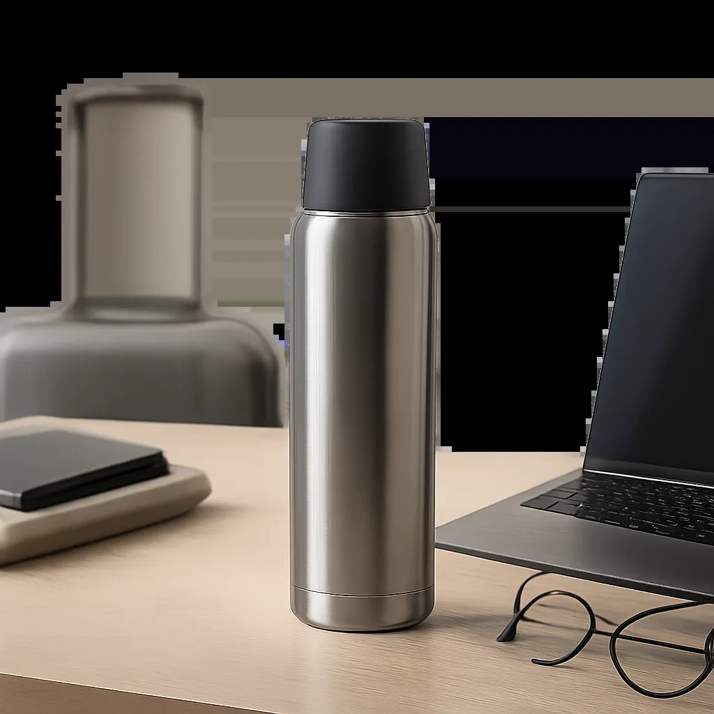 Illustration d’un thermos isotherme premium dans un univers sobre et rassurant, évoquant la sécurité, l’étanchéité et l’usage quotidien. L’ensemble suggère un produit adapté au bureau, aux trajets et au voyage.