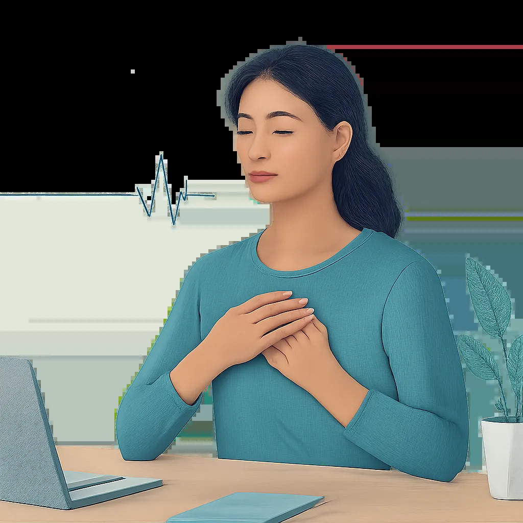 Illustration d’une pratique simple de respiration pour apaiser le stress et favoriser la récupération mentale. Un visuel moderne qui évoque le calme, la concentration et l’équilibre au quotidien.